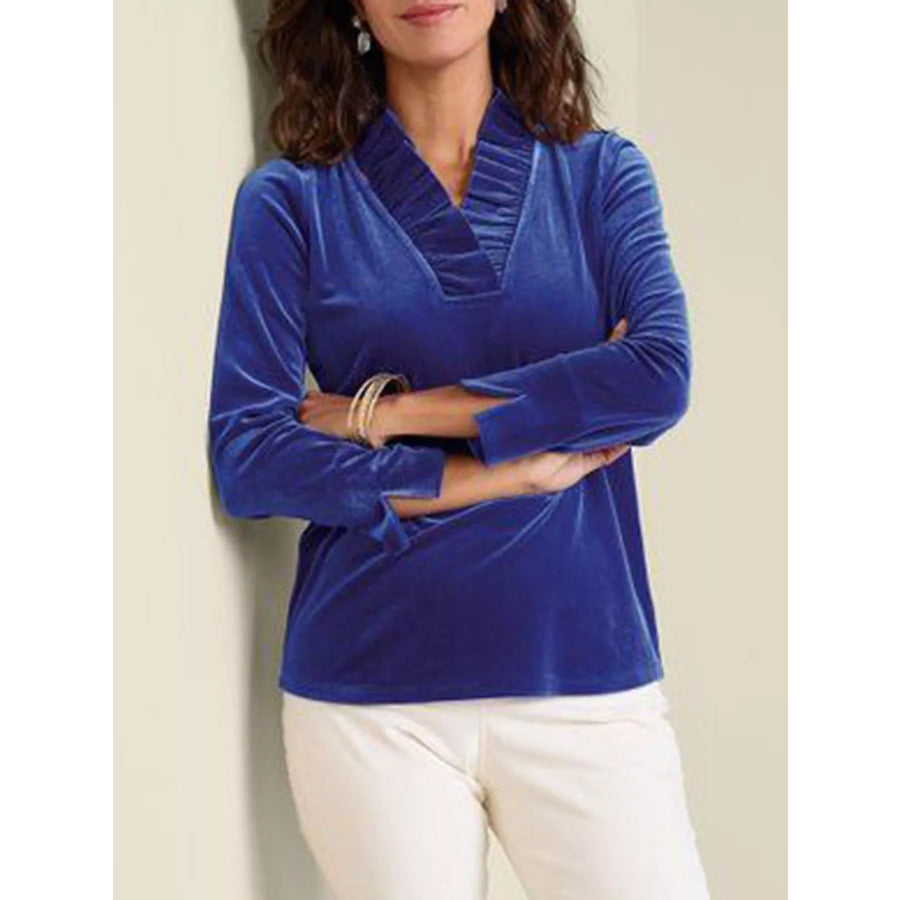 Velvet Long Sleeve Blouse with Ruffled V-Neck