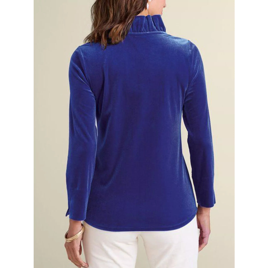 Velvet Long Sleeve Blouse with Ruffled V-Neck