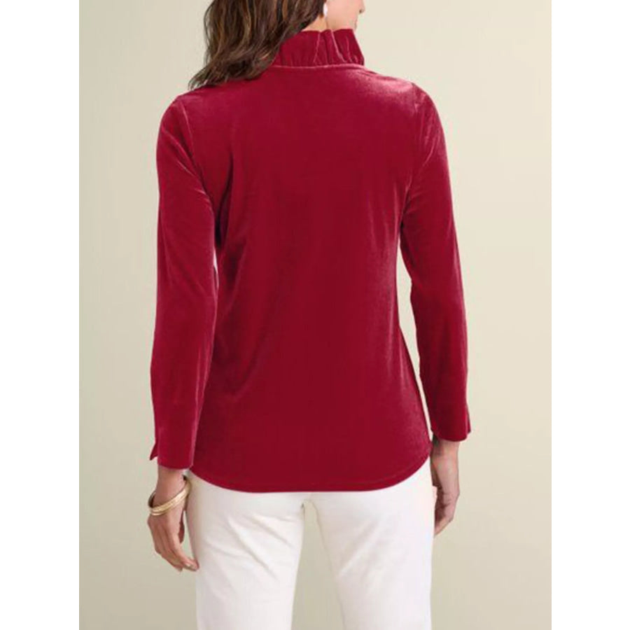 Velvet Long Sleeve Blouse with Ruffled V-Neck