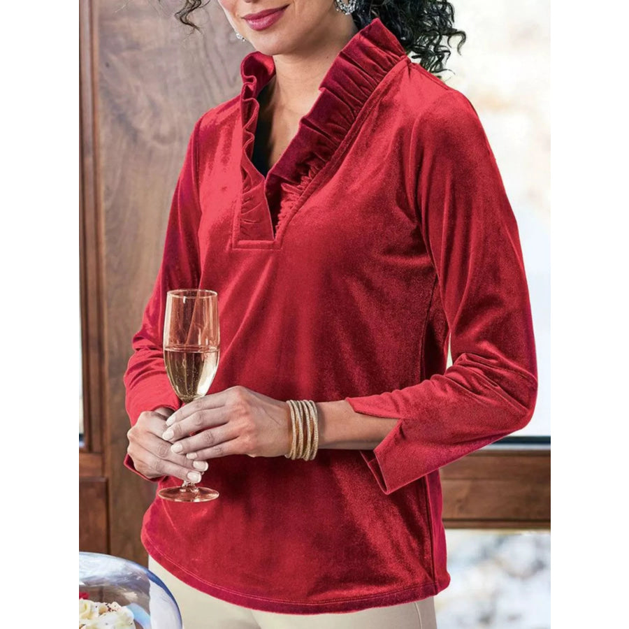 Velvet Long Sleeve Blouse with Ruffled V-Neck
