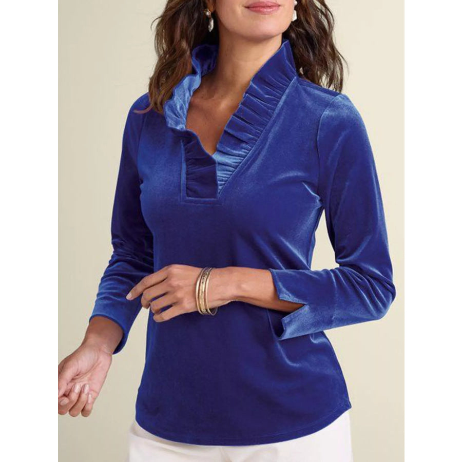 Velvet Long Sleeve Blouse with Ruffled V-Neck
