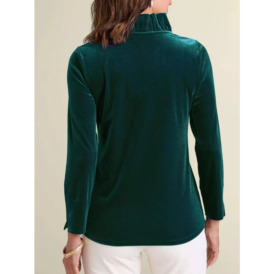 Velvet Long Sleeve Blouse with Ruffled V-Neck