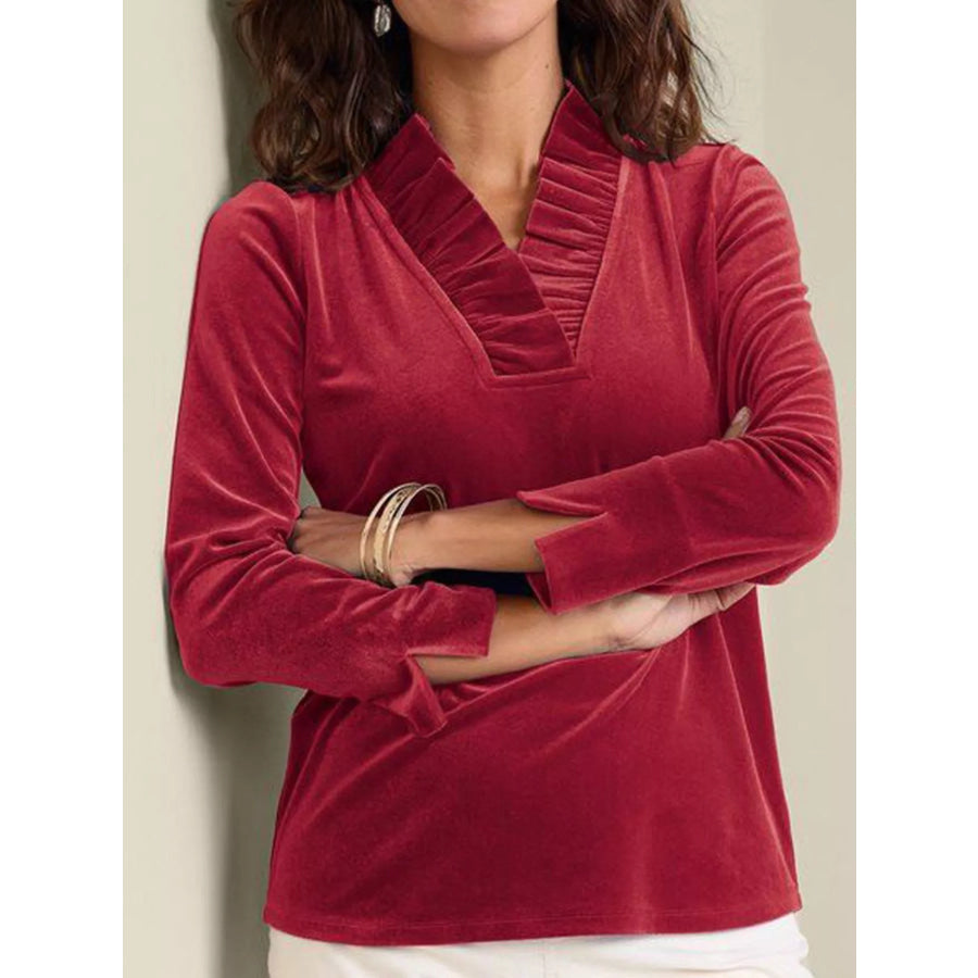 Velvet Long Sleeve Blouse with Ruffled V-Neck Wine Red / S
