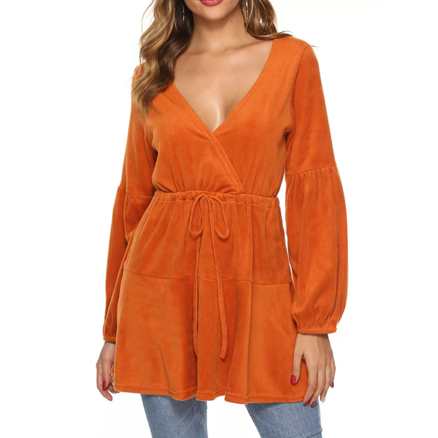 Velvet Long Sleeve Drawstring Blouse Apparel and Accessories