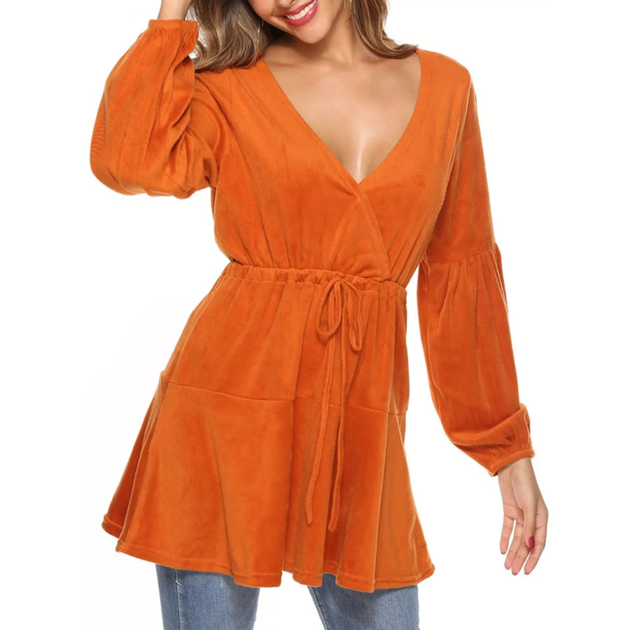 Velvet Long Sleeve Drawstring Blouse Apparel and Accessories