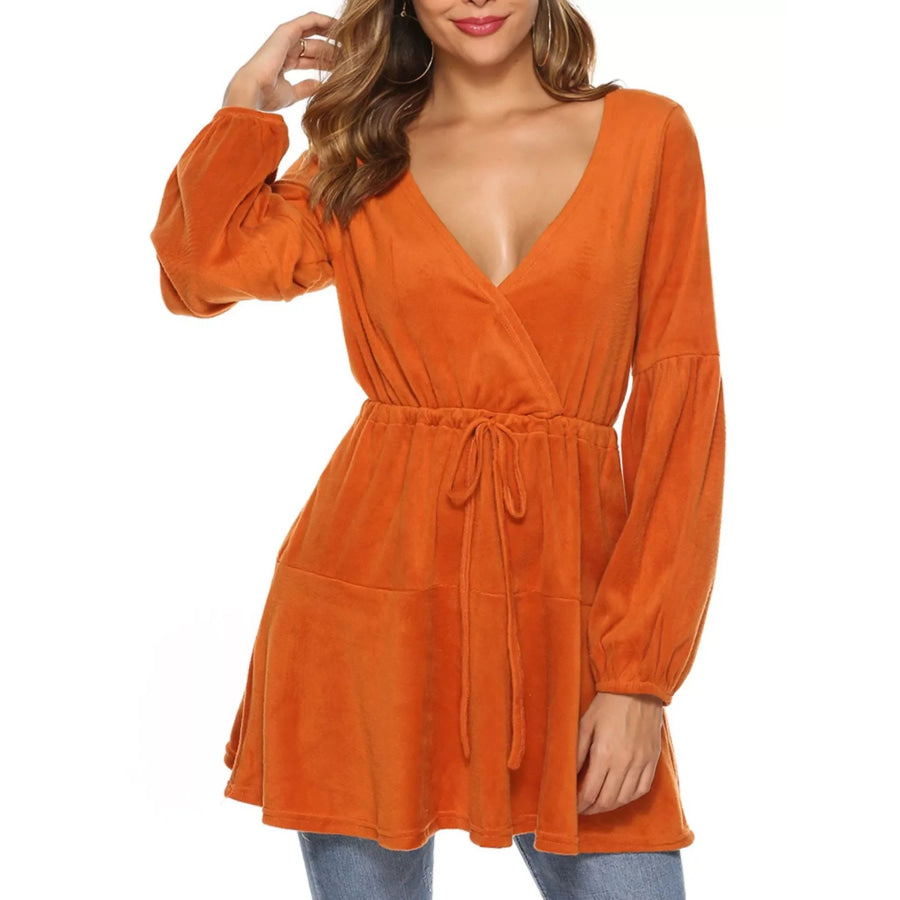 Velvet Long Sleeve Drawstring Blouse Orange / S Apparel and Accessories