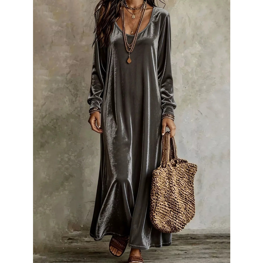 Velvet Long-Sleeve Maxi Dress Gray / S Apparel and Accessories