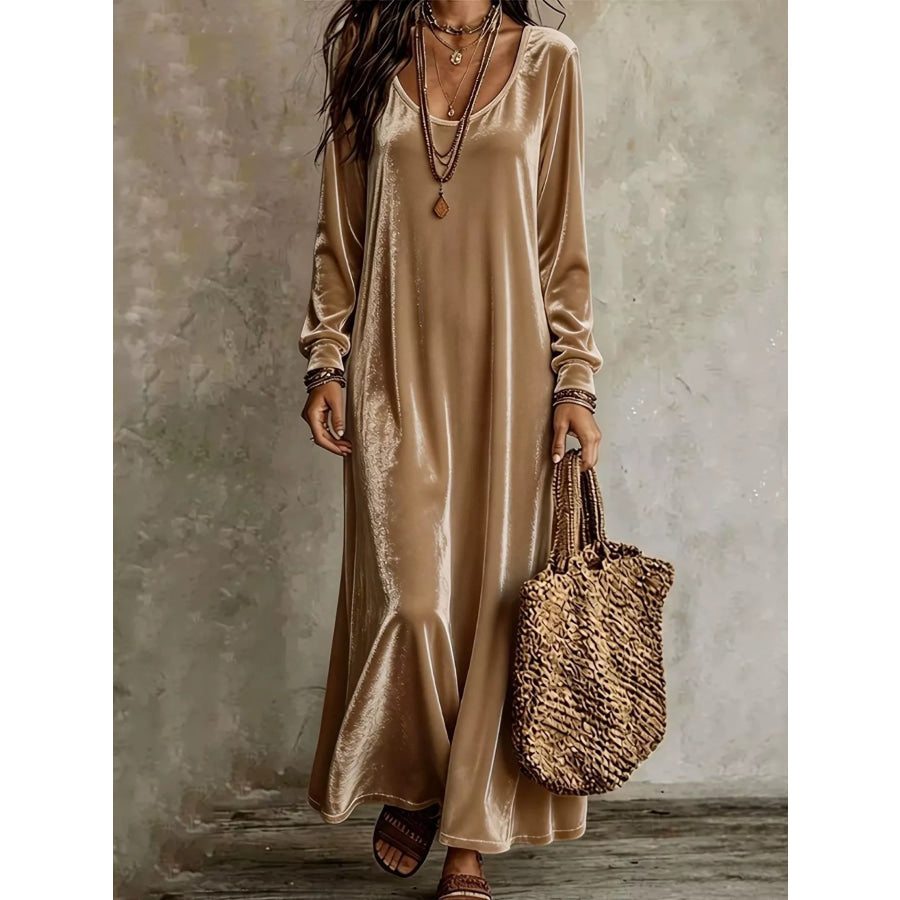 Velvet Long-Sleeve Maxi Dress Khaki / S Apparel and Accessories