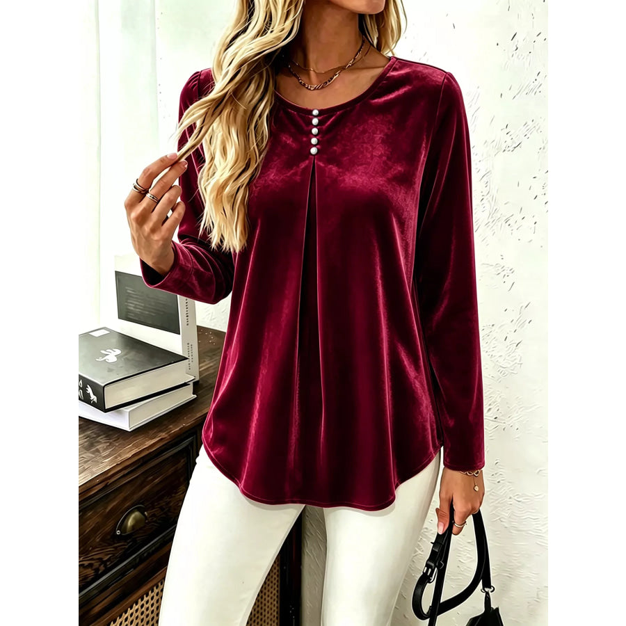 Velvet Long Sleeve Ruched Top Apparel and Accessories