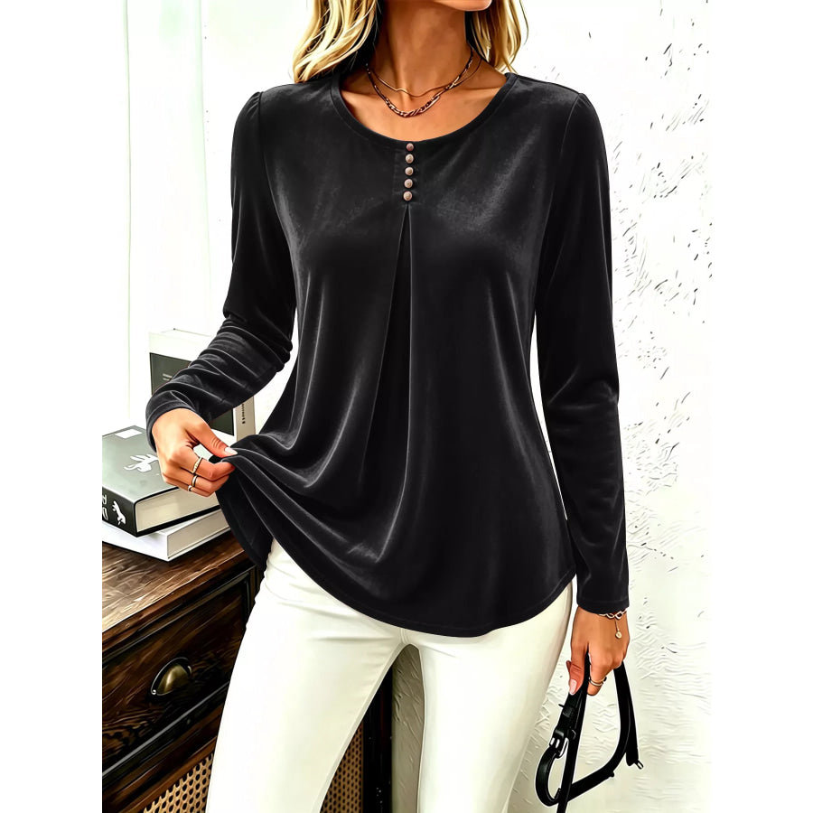 Velvet Long Sleeve Ruched Top Black / S Apparel and Accessories