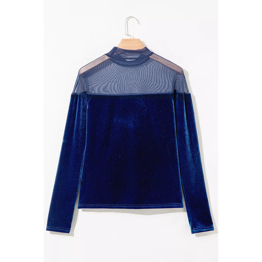 Velvet Long Sleeve Sheer Neck Patchwork Casual Top Apparel and Accessories