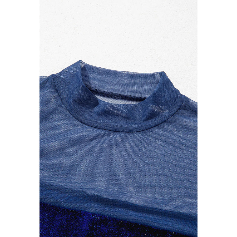 Velvet Long Sleeve Sheer Neck Patchwork Casual Top Apparel and Accessories