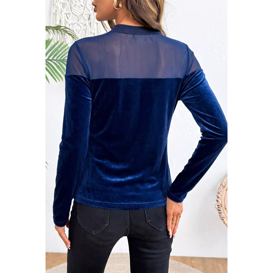 Velvet Long Sleeve Sheer Neck Patchwork Casual Top Apparel and Accessories