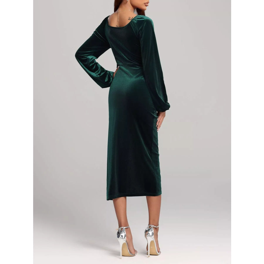 Velvet Long Sleeve Slit Midi Dress Apparel and Accessories