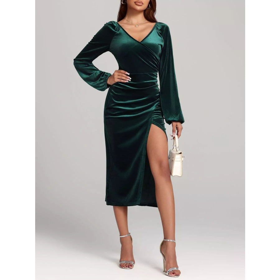 Velvet Long Sleeve Slit Midi Dress Apparel and Accessories