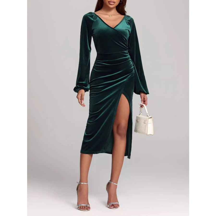 Velvet Long Sleeve Slit Midi Dress Apparel and Accessories