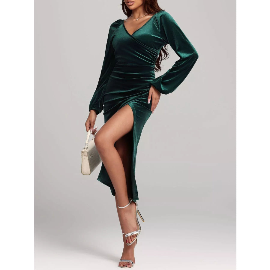 Velvet Long Sleeve Slit Midi Dress Apparel and Accessories