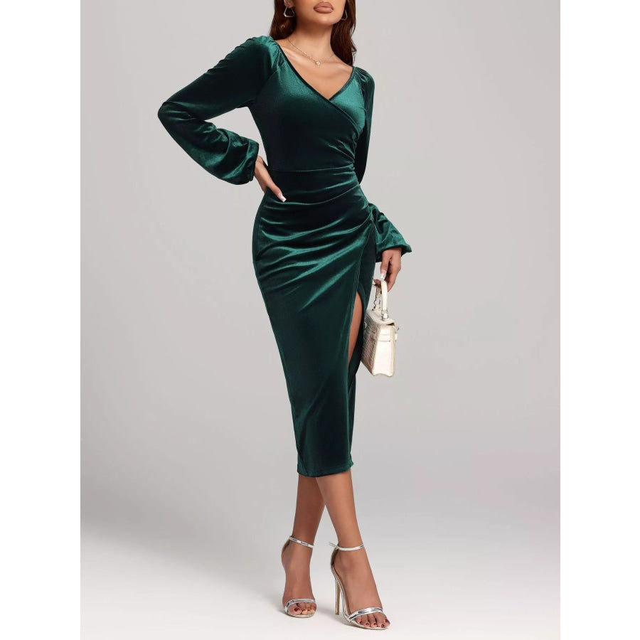 Velvet Long Sleeve Slit Midi Dress Green / S Apparel and Accessories