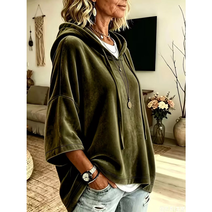 Velvet Loose Fit Hoodie with Drawstring Apparel and Accessories