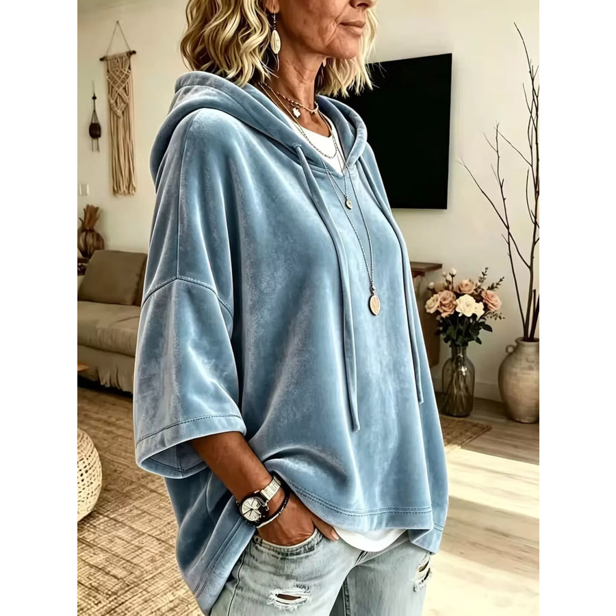 Velvet Loose Fit Hoodie with Drawstring Apparel and Accessories