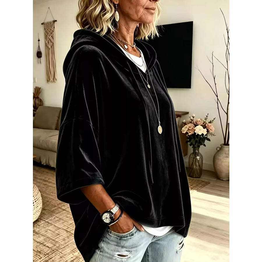 Velvet Loose Fit Hoodie with Drawstring Apparel and Accessories