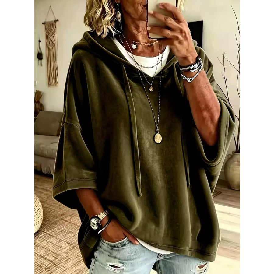 Velvet Loose Fit Hoodie with Drawstring Army Green / S Apparel and Accessories