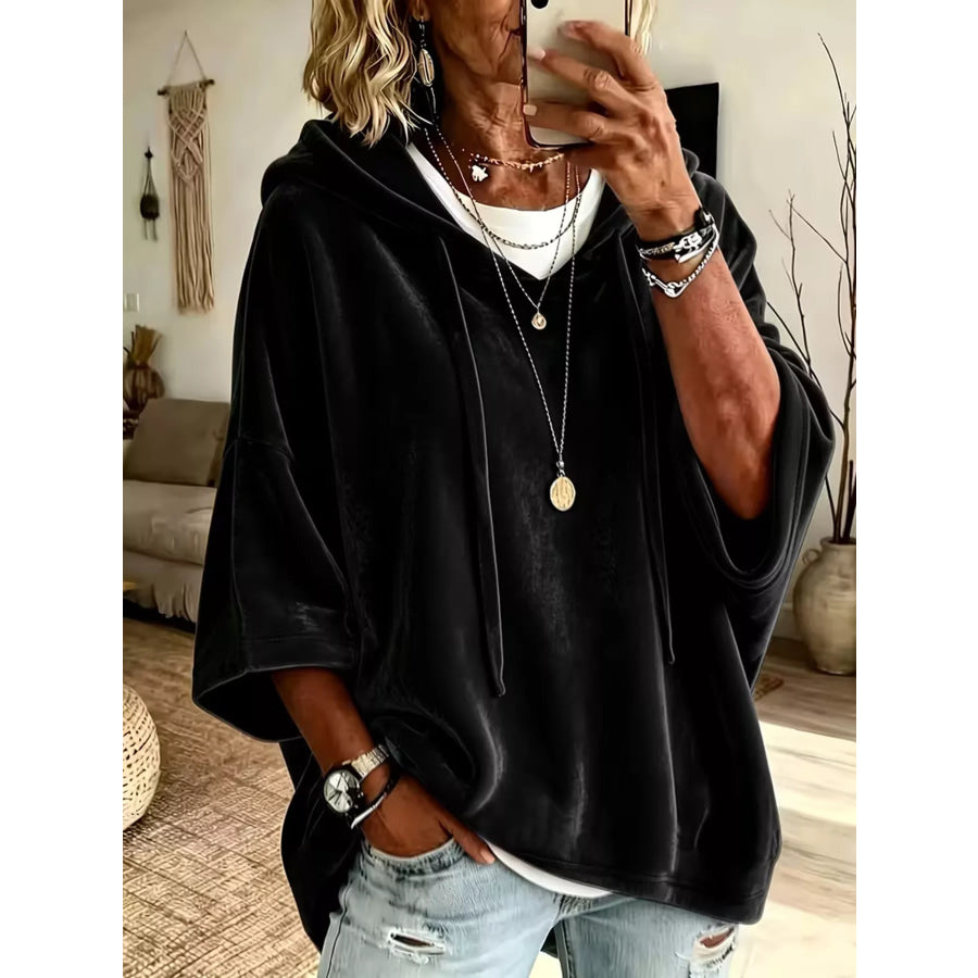 Velvet Loose Fit Hoodie with Drawstring Black / S Apparel and Accessories