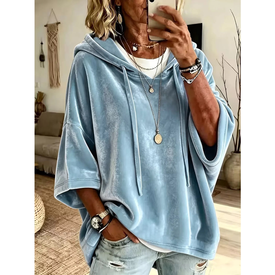 Velvet Loose Fit Hoodie with Drawstring Blue / S Apparel and Accessories