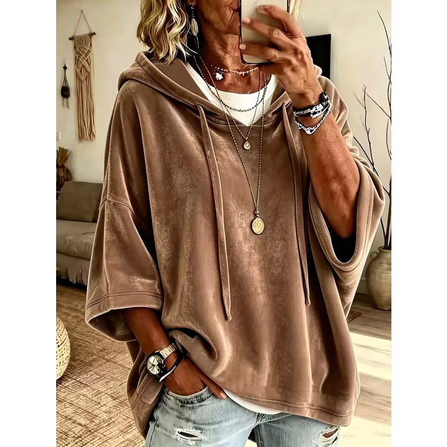Velvet Loose Fit Hoodie with Drawstring Khaki / S Apparel and Accessories