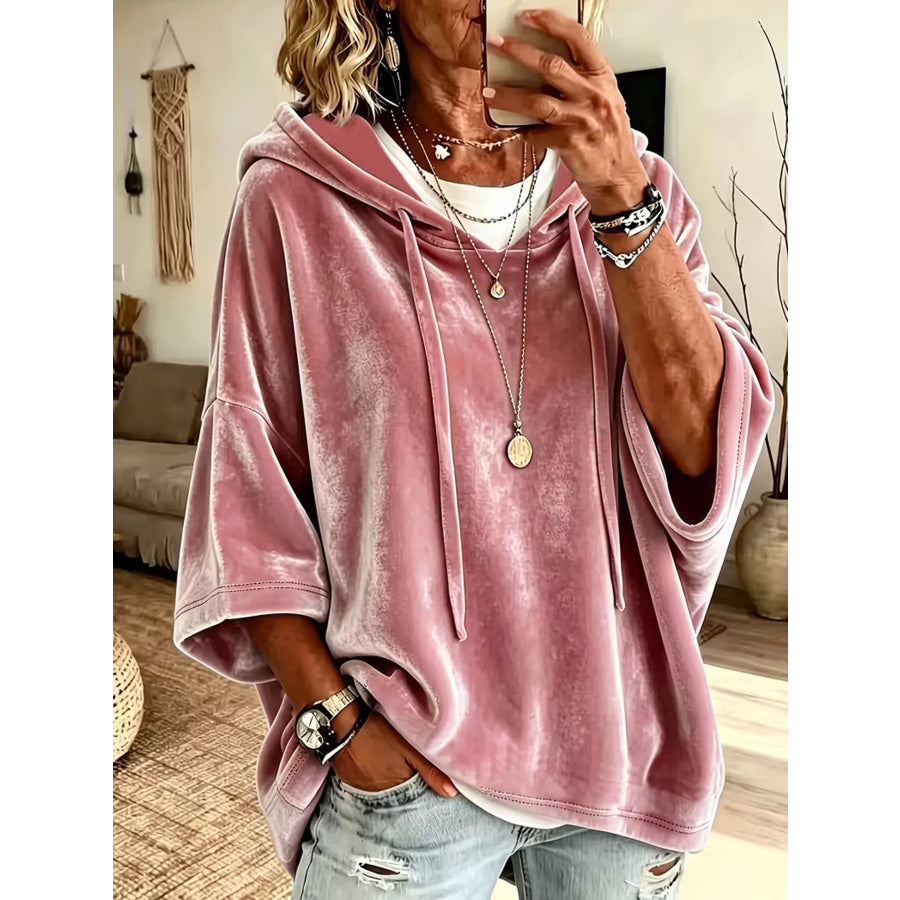 Velvet Loose Fit Hoodie with Drawstring Pink / S Apparel and Accessories