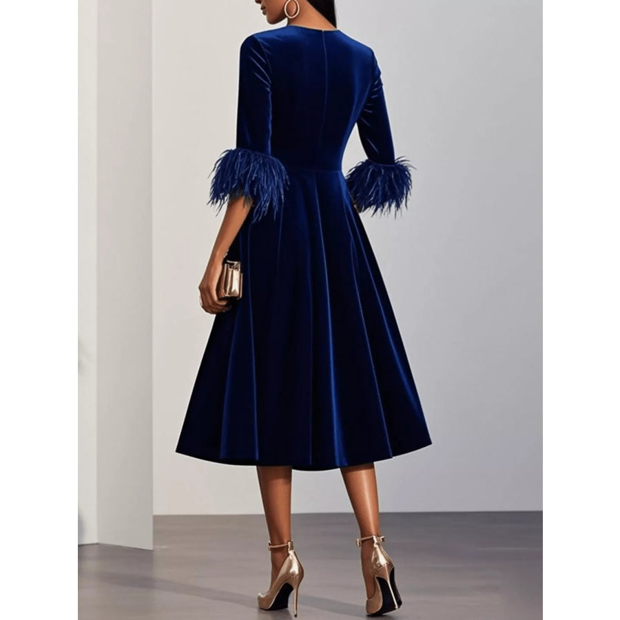 Velvet Midi Dress with Feather Cuffs Apparel and Accessories