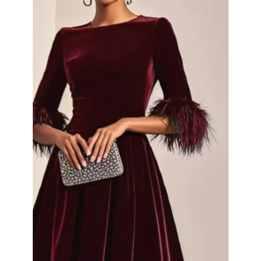 Velvet Midi Dress with Feather Cuffs Apparel and Accessories