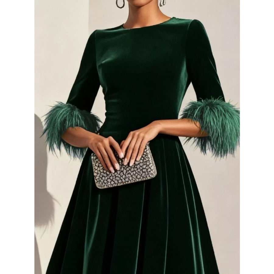 Velvet Midi Dress with Feather Cuffs Apparel and Accessories