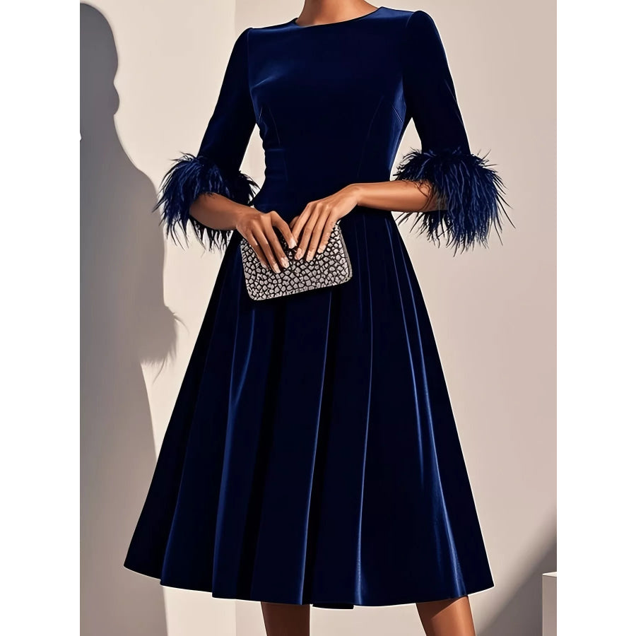 Velvet Midi Dress with Feather Cuffs Blue / S Apparel and Accessories