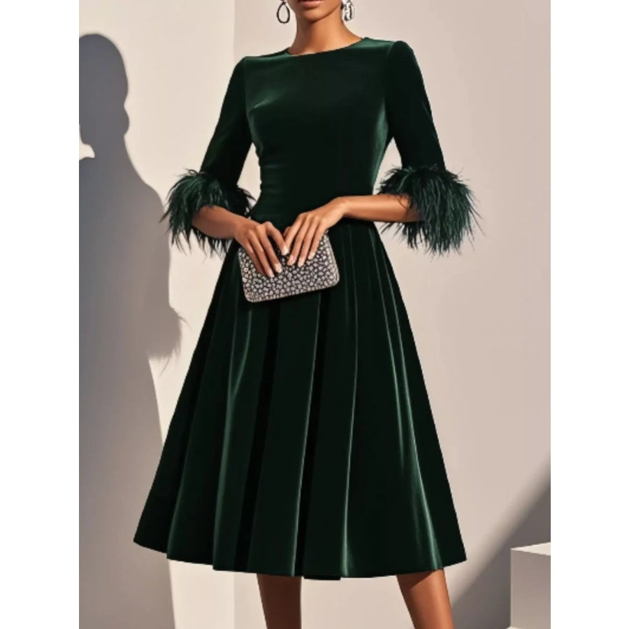 Velvet Midi Dress with Feather Cuffs Green / S Apparel and Accessories