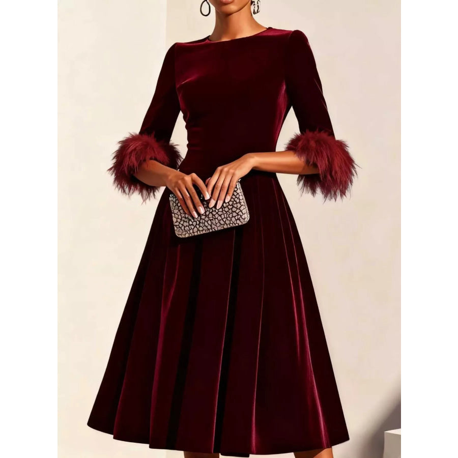Velvet Midi Dress with Feather Cuffs Wine Red / S Apparel and Accessories