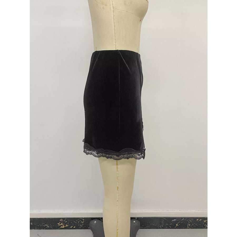 Velvet Mini Skirt with Lace Trim Apparel and Accessories