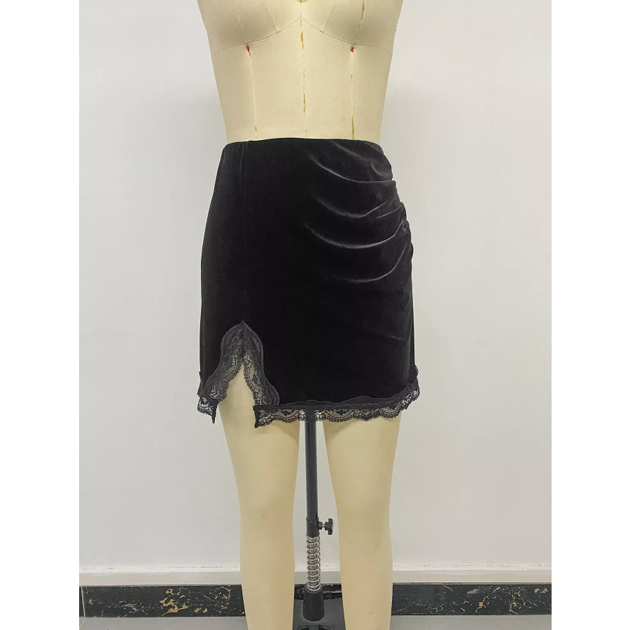Velvet Mini Skirt with Lace Trim Apparel and Accessories