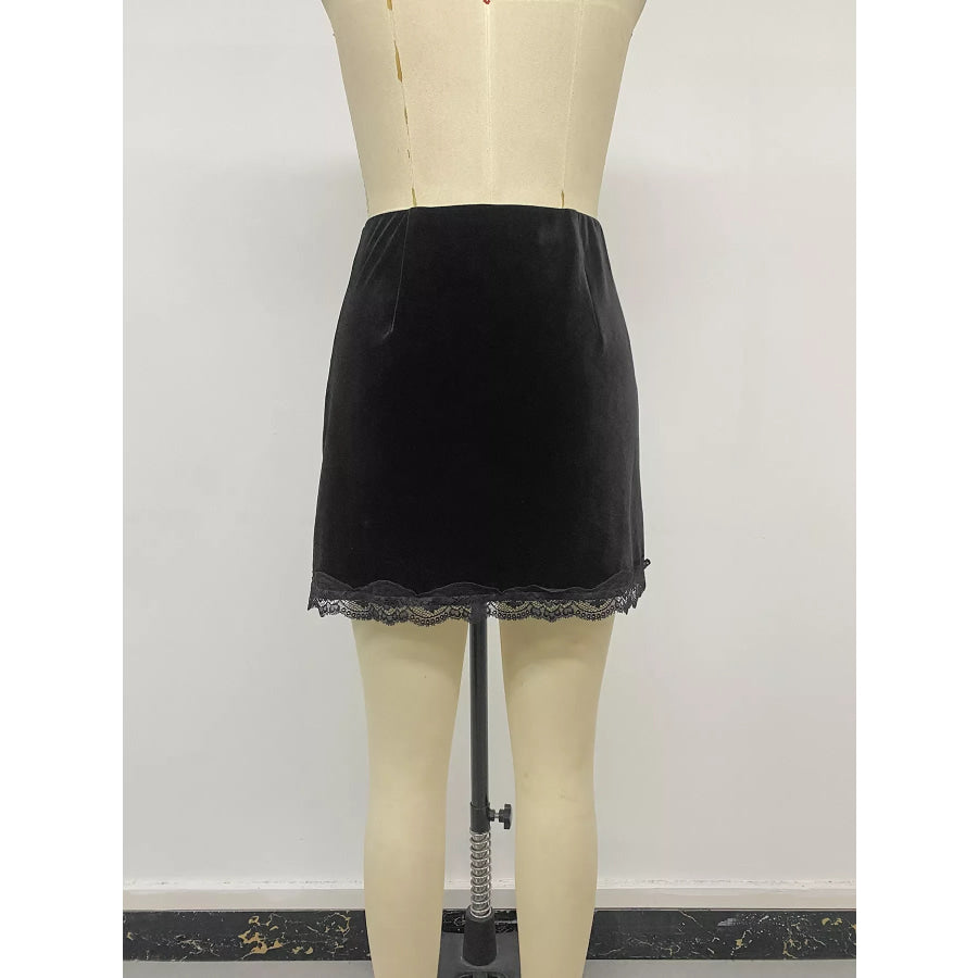 Velvet Mini Skirt with Lace Trim Apparel and Accessories