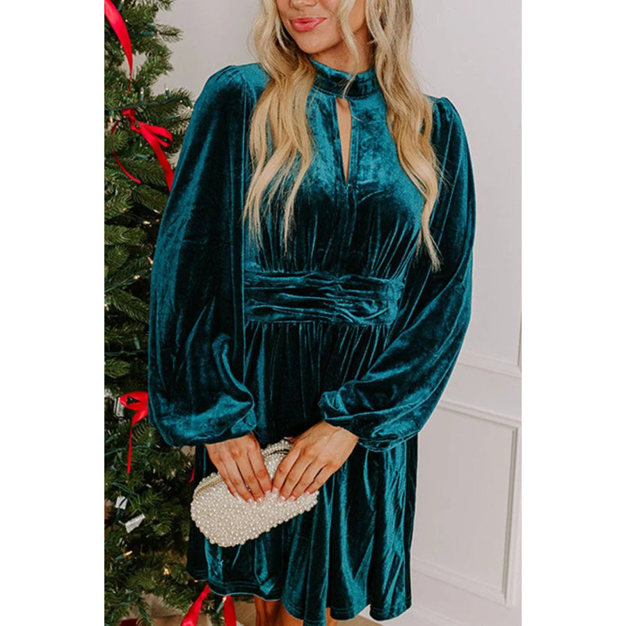 Velvet Mock Neck Long Sleeve Dress Deep Teal / S Apparel and Accessories