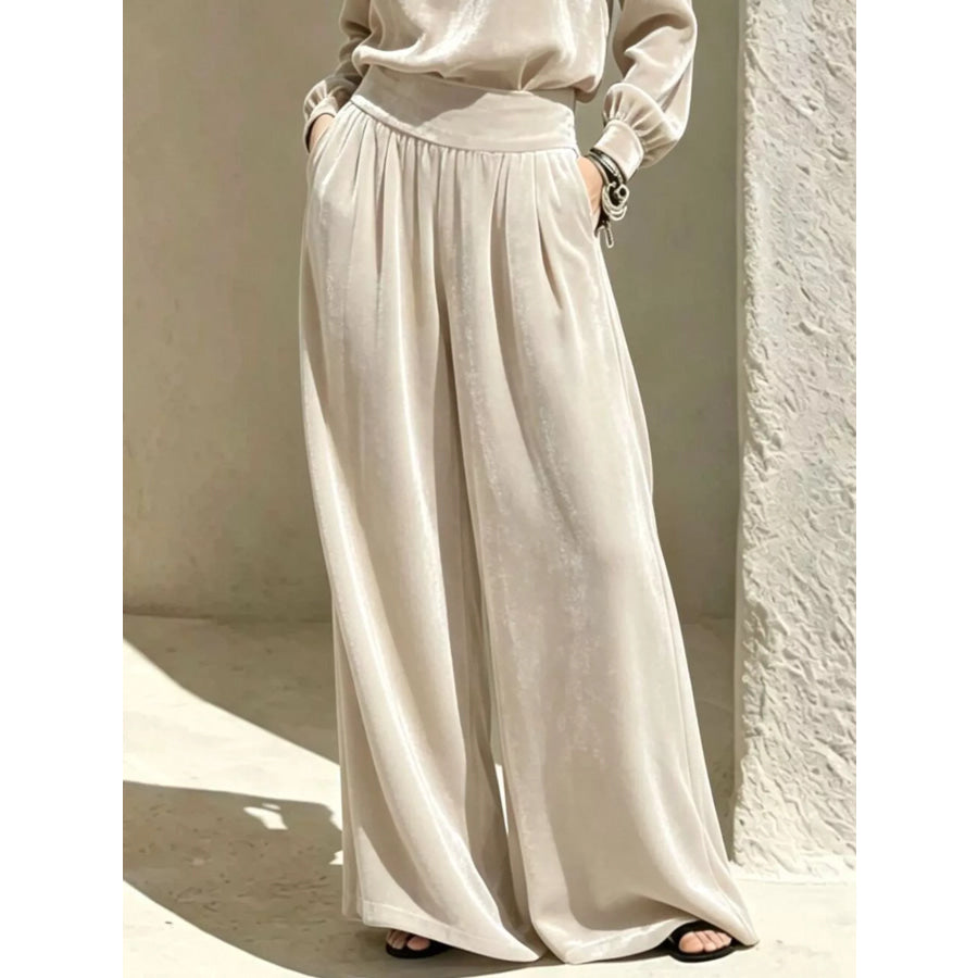 Velvet Mock Neck Long Sleeve Top and Wide-Leg Pants Set Apparel and Accessories