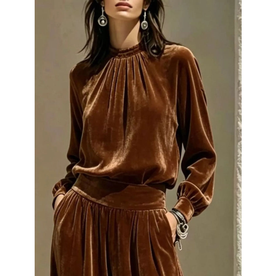 Velvet Mock Neck Long Sleeve Top and Wide-Leg Pants Set Apparel and Accessories
