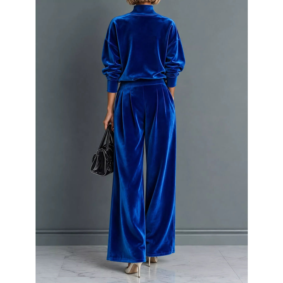 Velvet Mock Neck Long Sleeve Top and Wide-Leg Pants Set Apparel Accessories