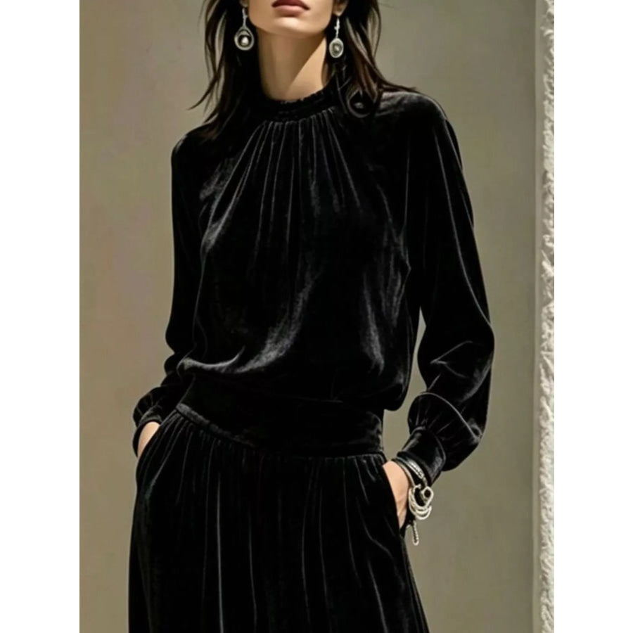 Velvet Mock Neck Long Sleeve Top and Wide-Leg Pants Set Apparel and Accessories