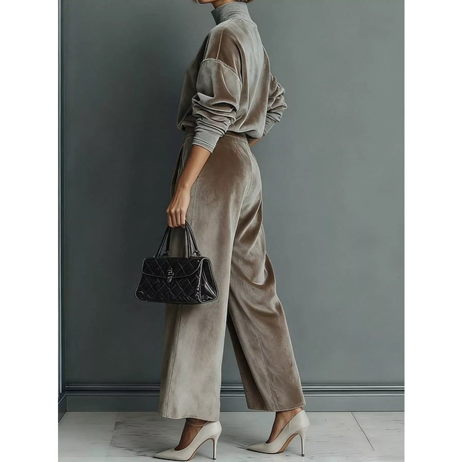 Velvet Mock Neck Long Sleeve Top and Wide-Leg Pants Set Light Brown / S Apparel Accessories