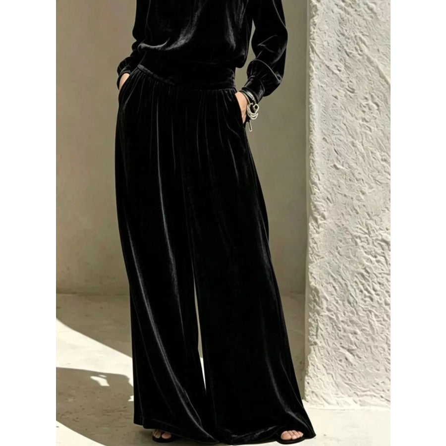 Velvet Mock Neck Long Sleeve Top and Wide-Leg Pants Set Apparel and Accessories
