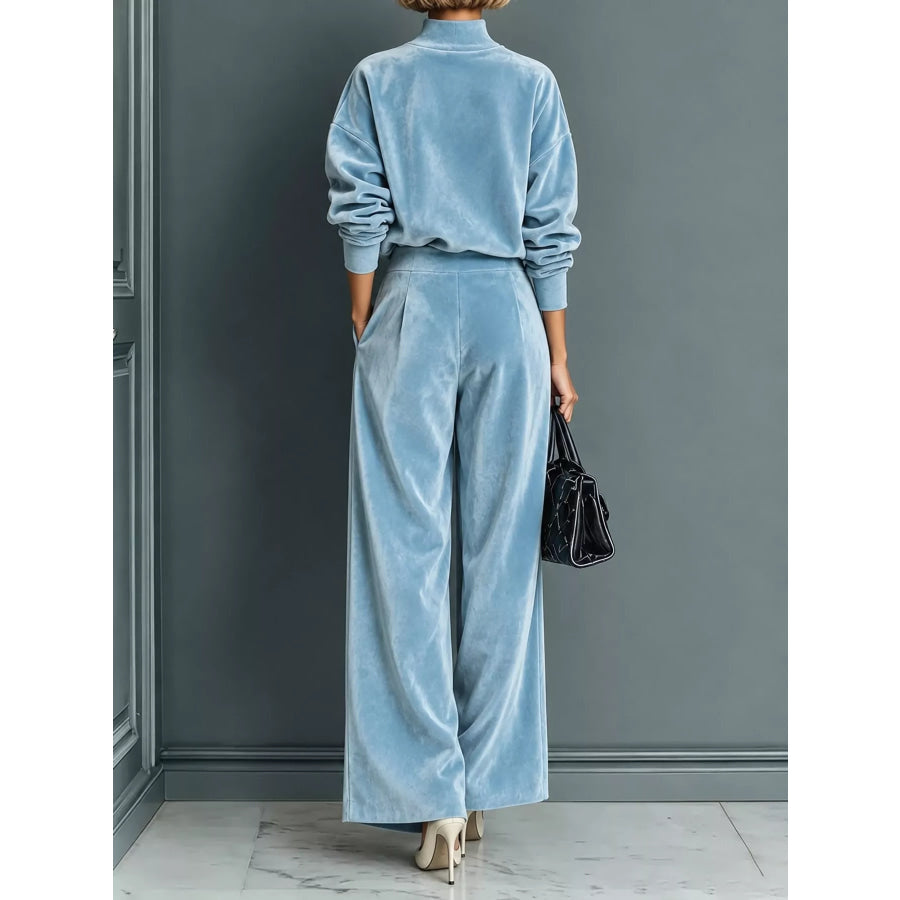 Velvet Mock Neck Long Sleeve Top and Wide-Leg Pants Set Apparel Accessories