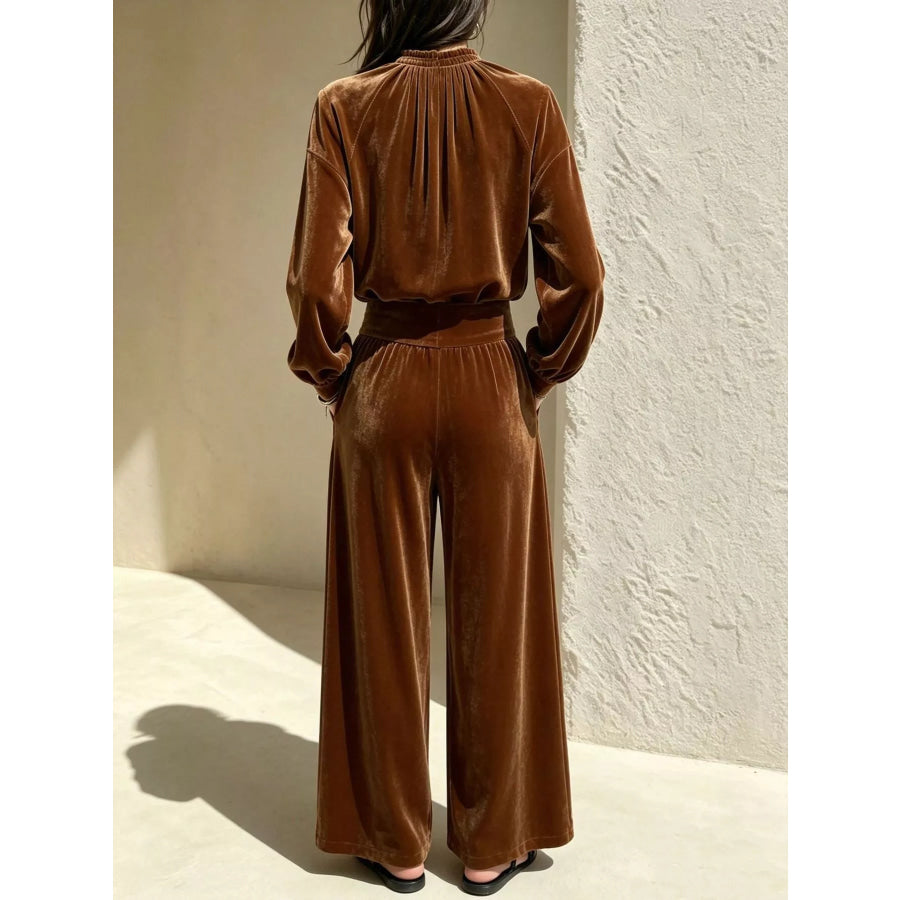 Velvet Mock Neck Long Sleeve Top and Wide-Leg Pants Set Apparel and Accessories