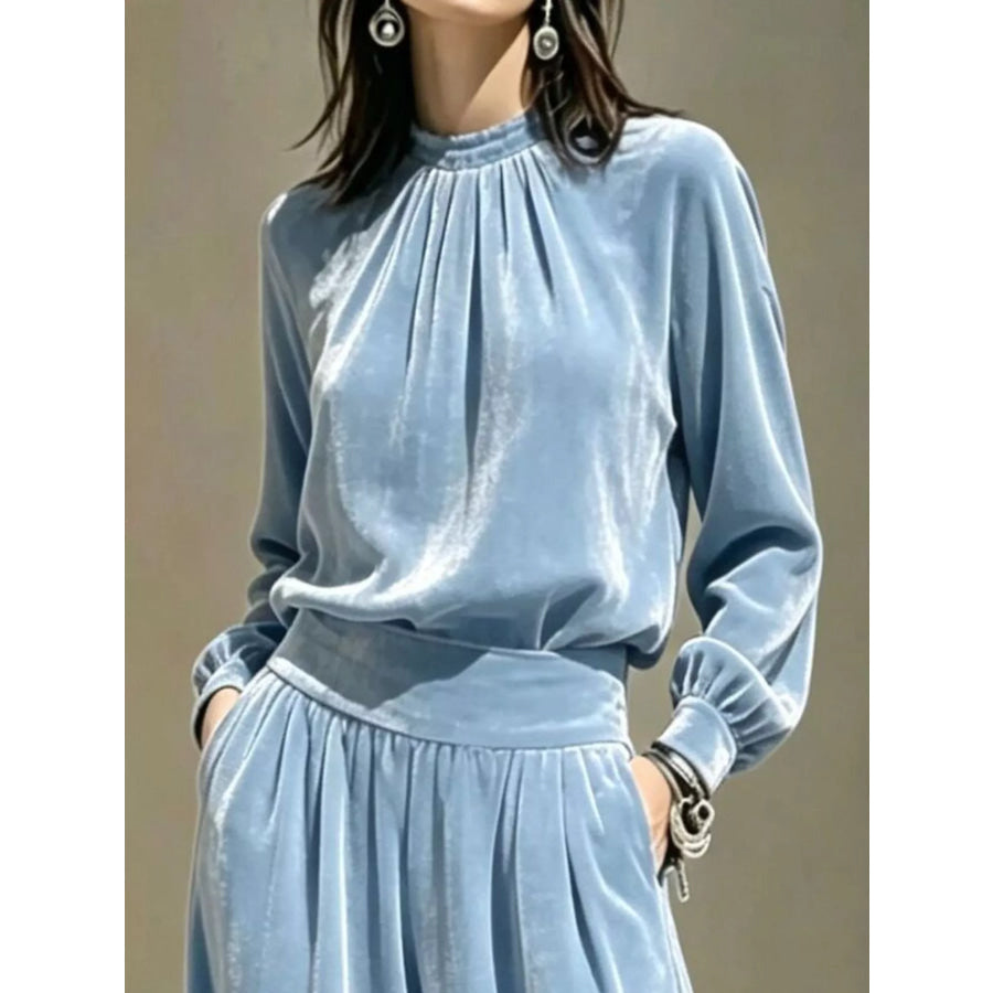 Velvet Mock Neck Long Sleeve Top and Wide-Leg Pants Set Apparel and Accessories