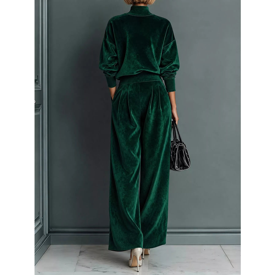 Velvet Mock Neck Long Sleeve Top and Wide-Leg Pants Set Apparel Accessories
